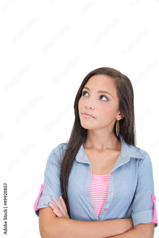 Thoughtful and worried woman looking up, isolated over a white b Thoughtful and worried woman looking up, isolated over a white b