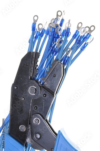 Photography Blue electric wires with terminals and crimping tool