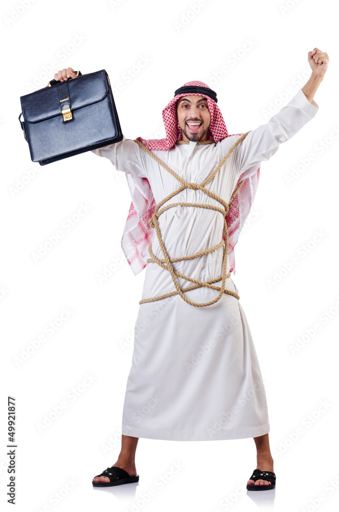 Arab man tied up with rope on white Arab man tied up with rope on white