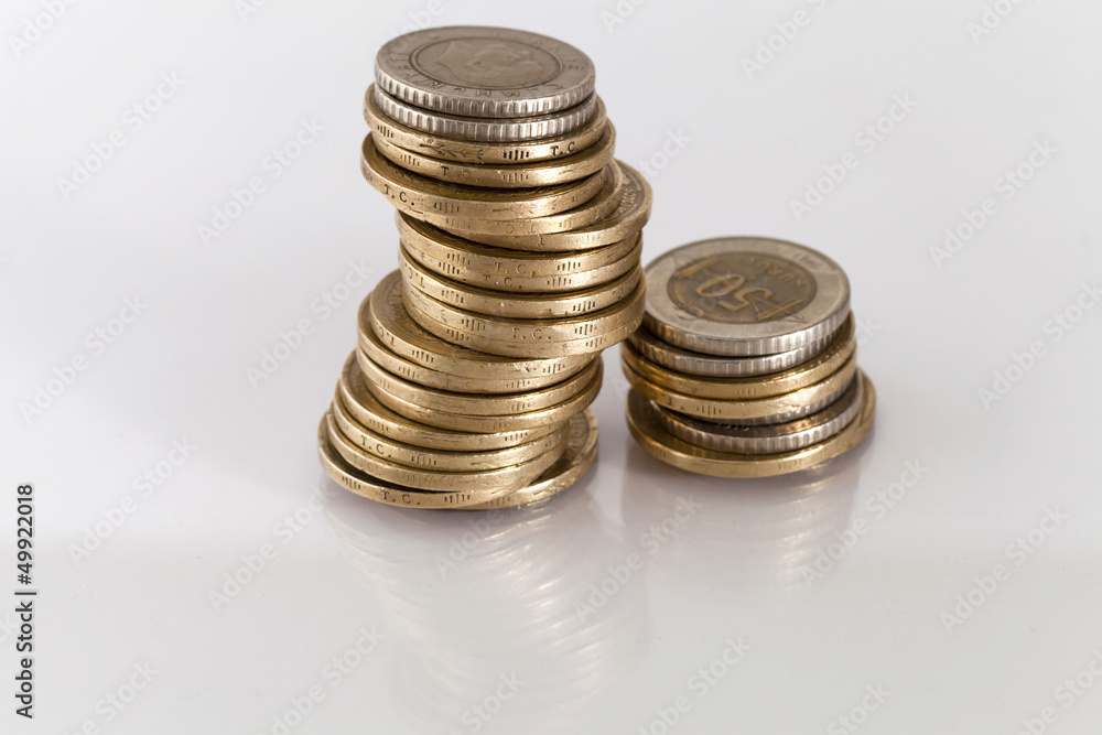 Turkish Lira coins on top of each other on reflective surface Turkish Lira coins on top of each other on reflective surface