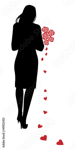 silhouette of a girl with a bouquet of roses and  hearts