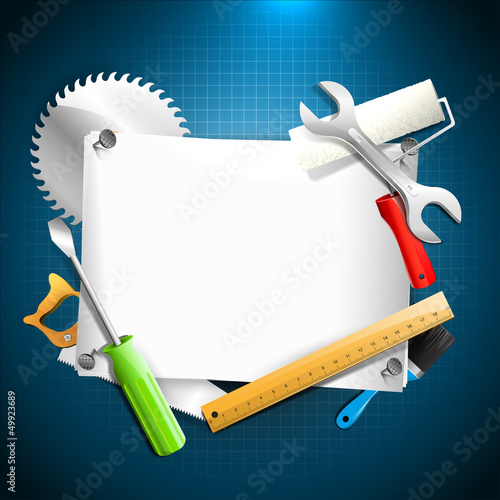 Tools and empty paper - Carpentry background
