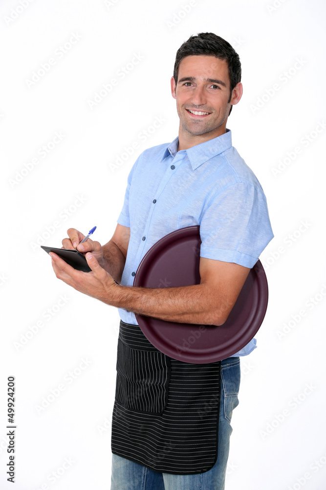 Casual waiter with tray and notepad Casual waiter with tray and notepad