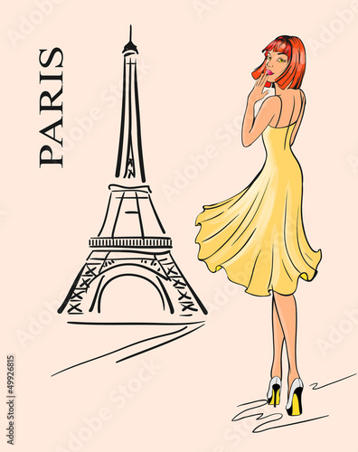 Paris. Girl and Eiffel tower