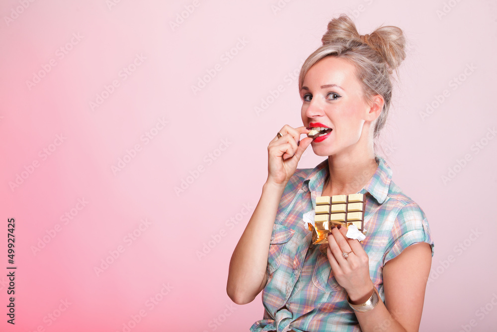 pinup girl Woman eating chocolate portrait pinup girl Woman eating chocolate portrait
