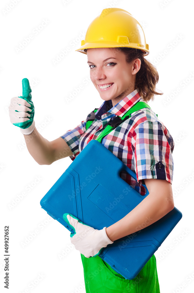 Young woman with toolkit on white Young woman with toolkit on white