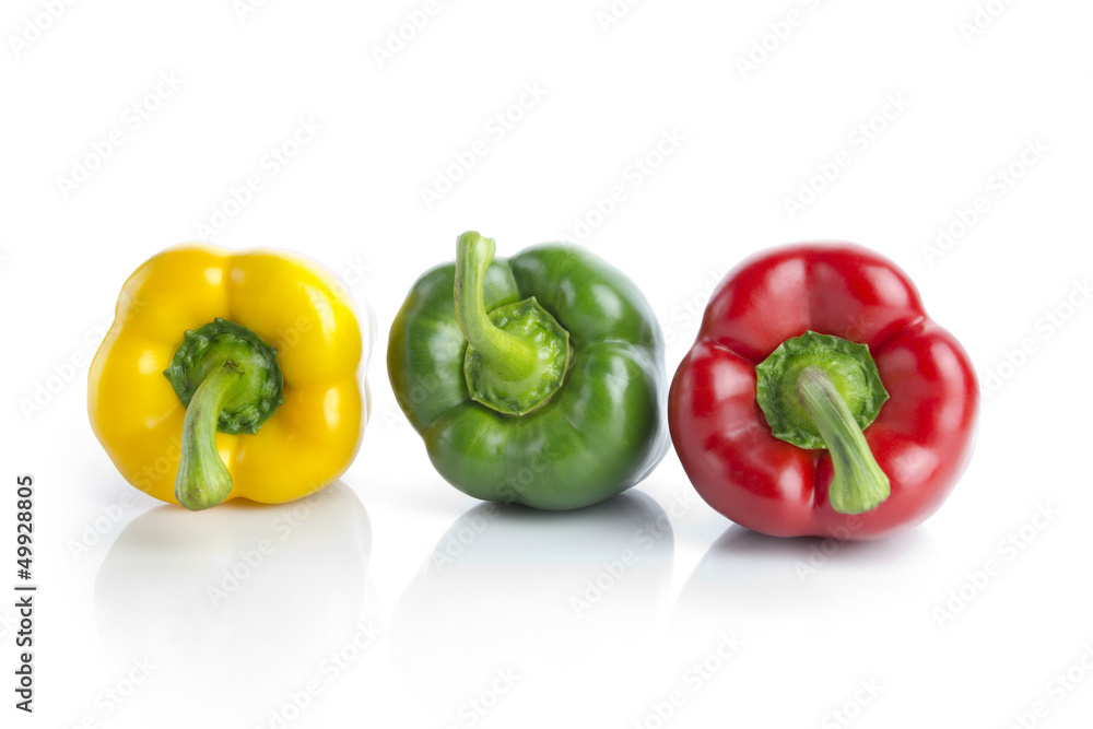 three colors red bell peppers isolated over white background three colors red bell peppers isolated over white background