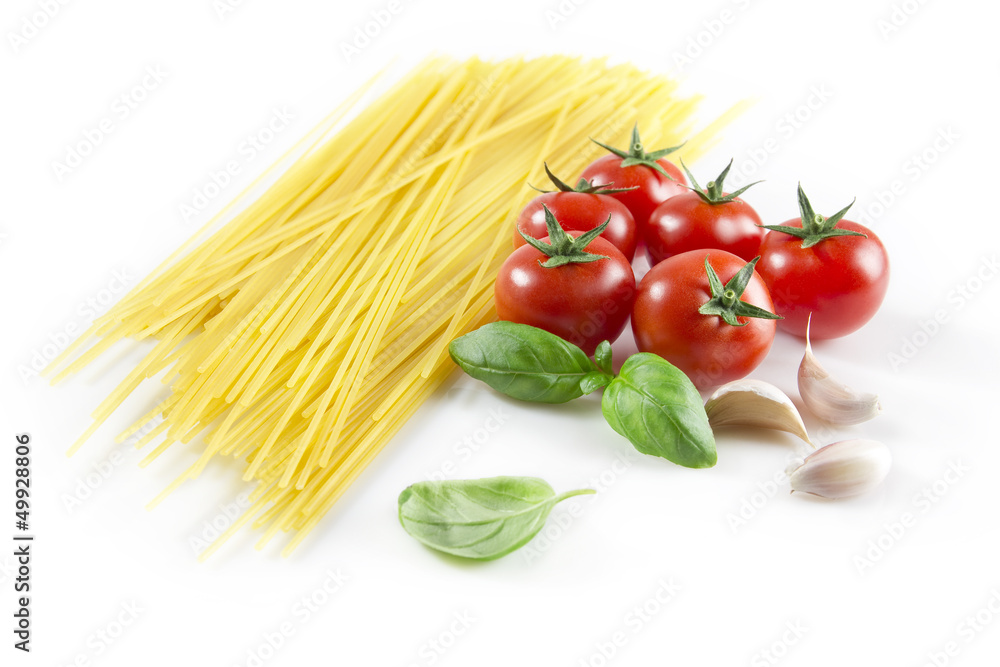 spaghetti ingredients isolated on white background spaghetti ingredients isolated on white background