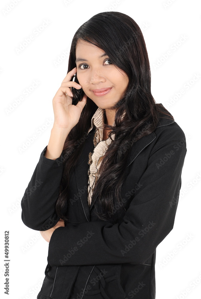 businesswoman smiling with holding the phone businesswoman smiling with holding the phone