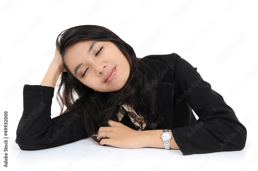 beautiful woman was asleep on the table, isolated white beautiful woman was asleep on the table, isolated white