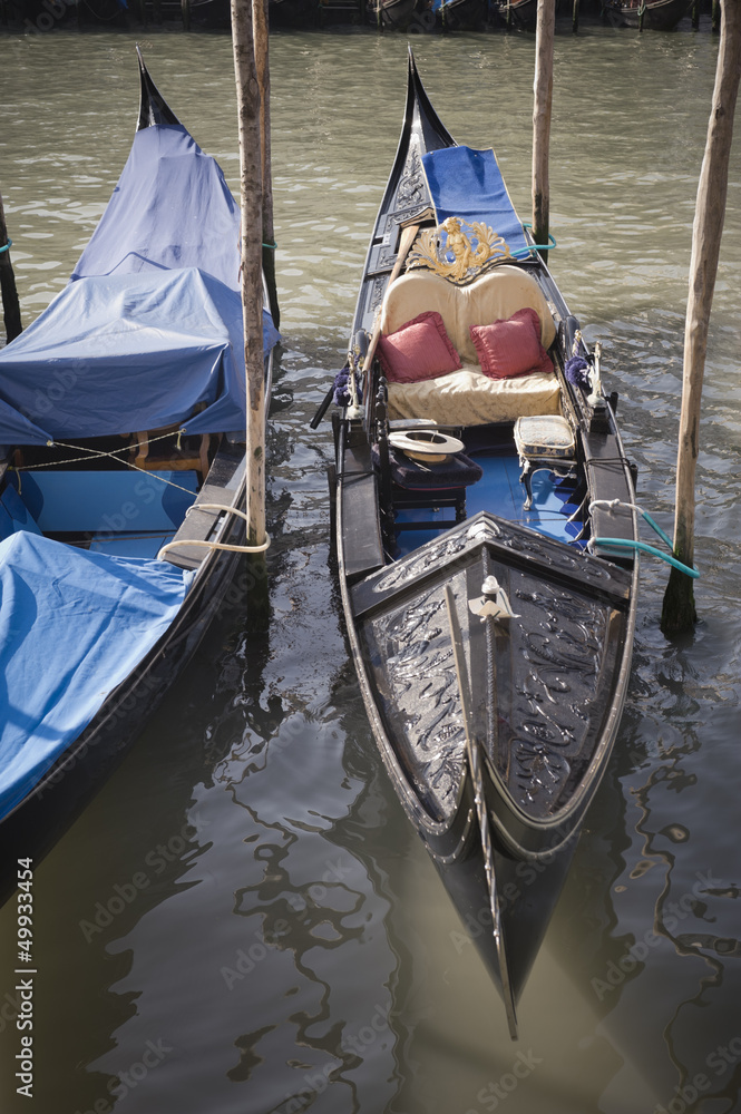 Moored gondola along Grand Canal in Venice