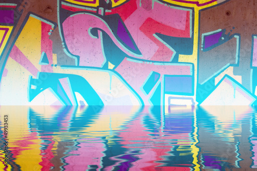Abstract colorful graffiti reflection in the water