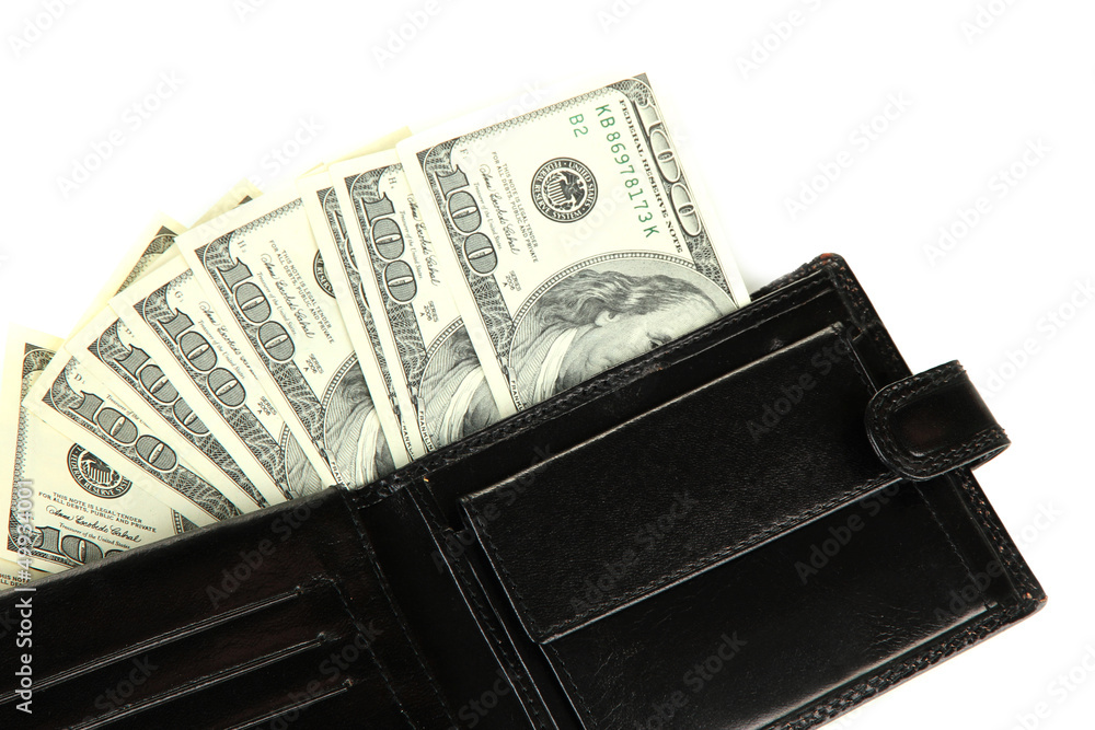 Wallet with hundred dollar banknotes, isolated on white Wallet with hundred dollar banknotes, isolated on white