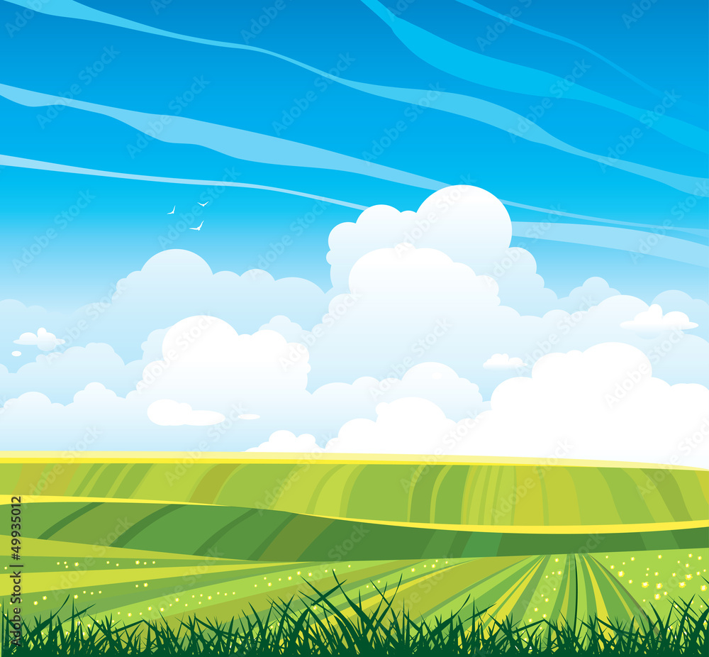 Naklejka premium Group of clouds and green field on a blue sky.