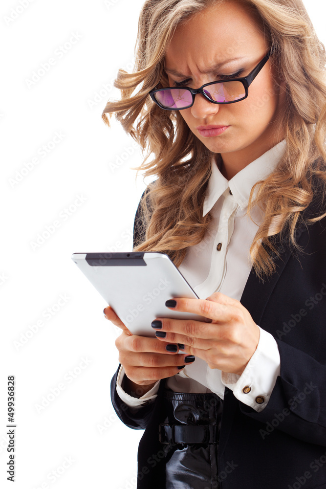thoughtful businesswoman working with tablet