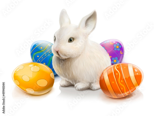 Easter rabbit with colored eggs. Illustration isolated on