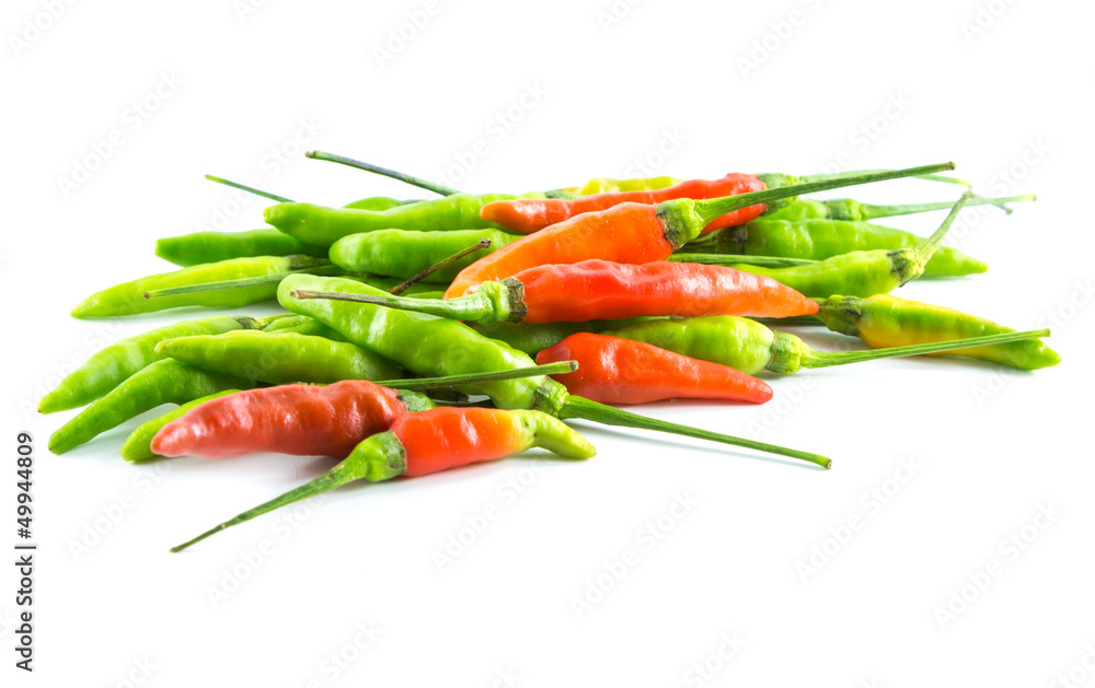 Red and green chili on white background Red and green chili on white background