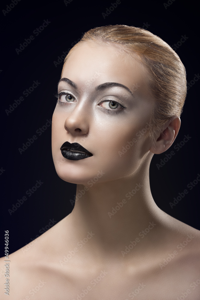 blonde girl with dark lipstick turned of three quarters blonde girl with dark lipstick turned of three quarters