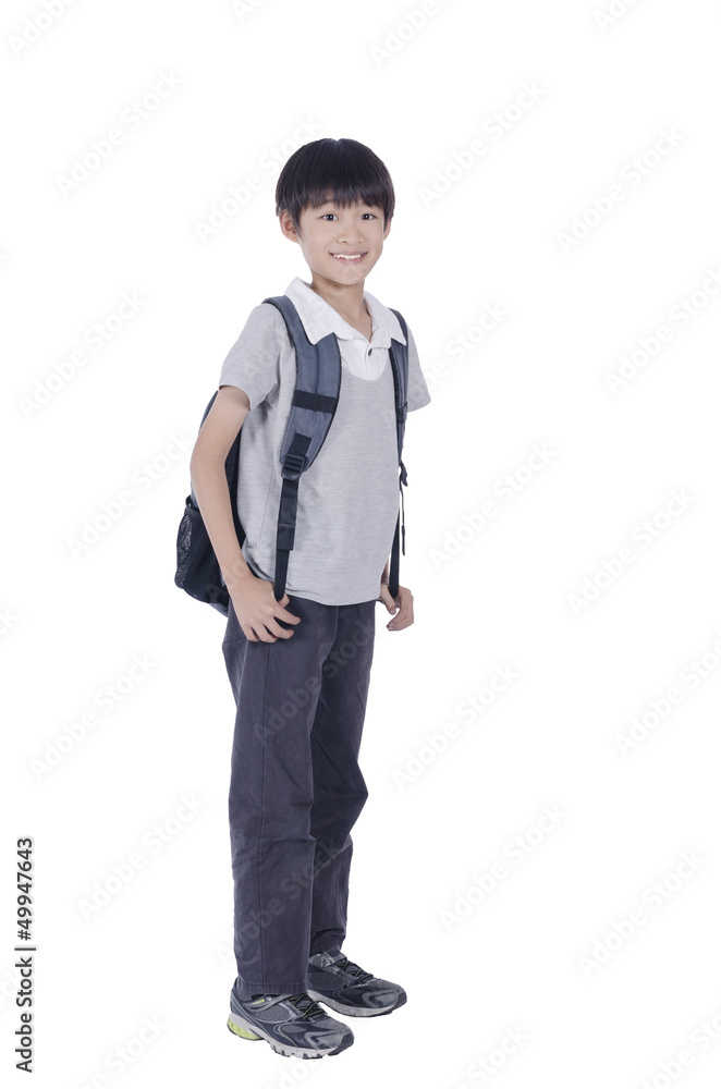 Happy smart boy ready for school over white background Happy smart boy ready for school over white background