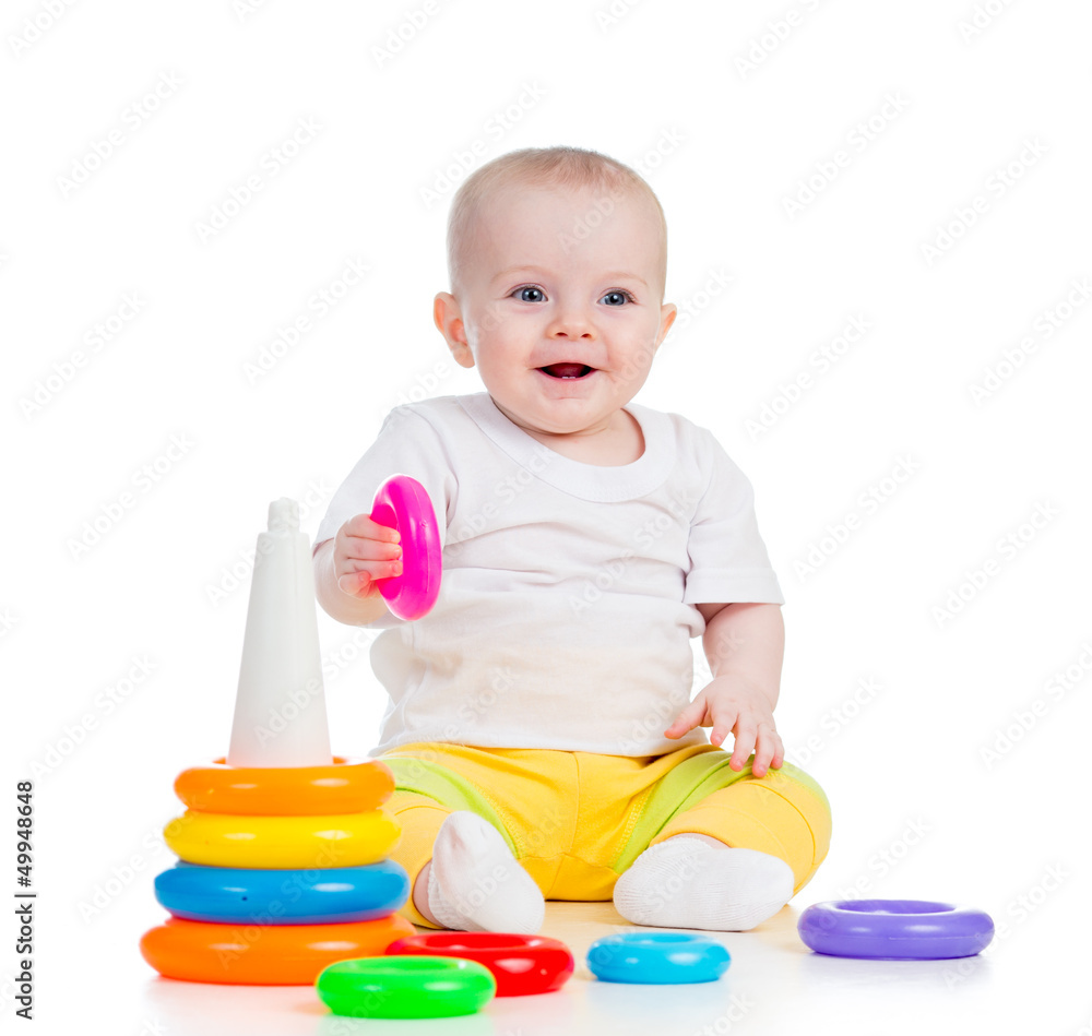 happy baby girl playing with colorful toy isolated on white happy baby girl playing with colorful toy isolated on white
