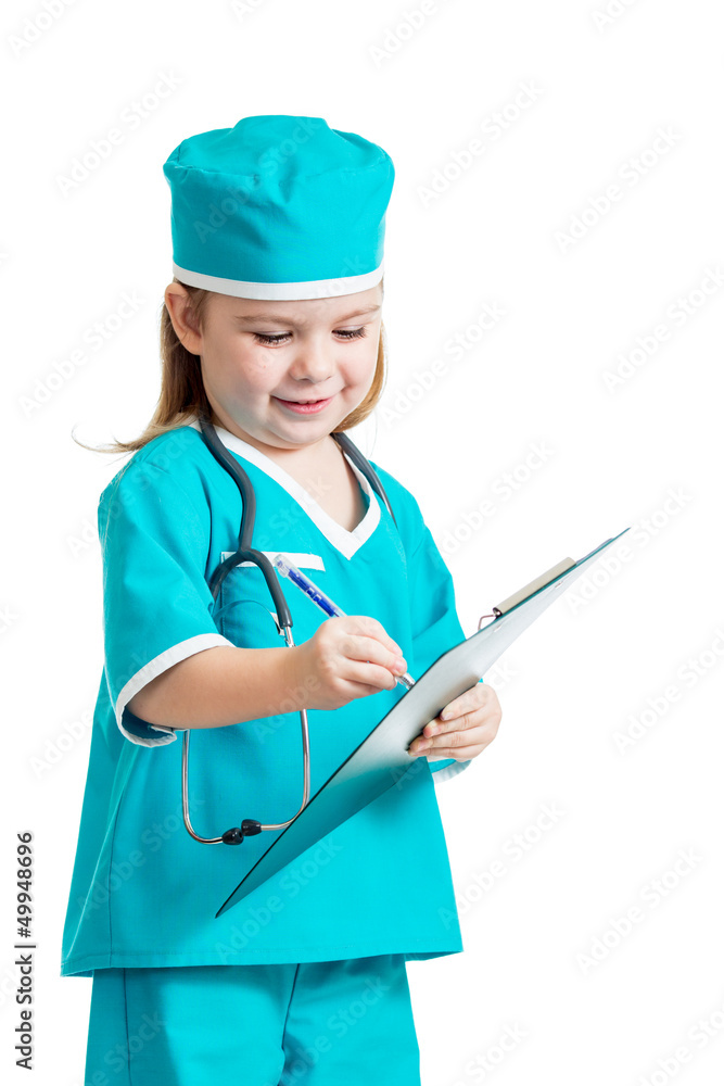 Adorable kid girl uniformed as doctor over white background Adorable kid girl uniformed as doctor over white background