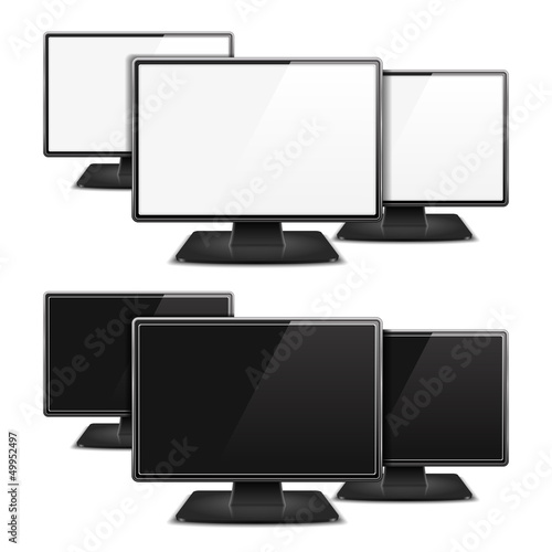 Three computer monitors with white and black screens photo