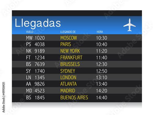 International arrivals board panel in Spanish