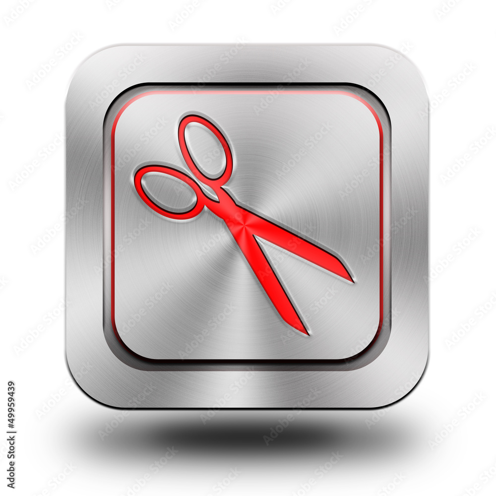 Scissors aluminum glossy icon, button - obrazy, fototapety, plakaty 