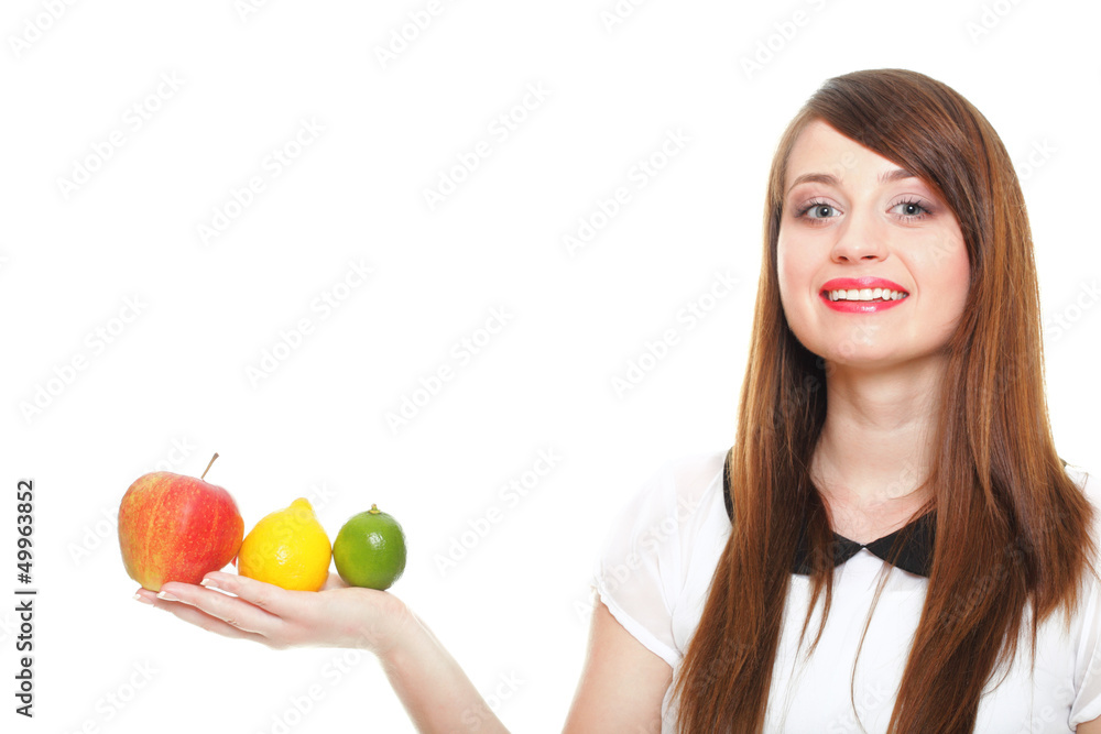 Young smiling woman with fruits and vegetables white background Young smiling woman with fruits and vegetables white background