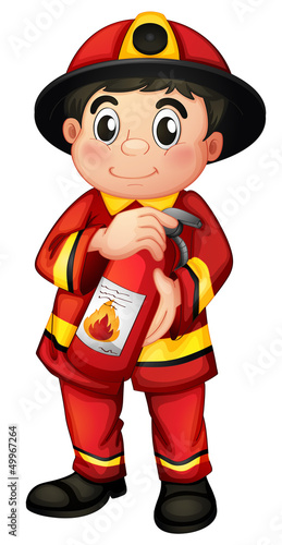 A fire man holding a fire extinguisher