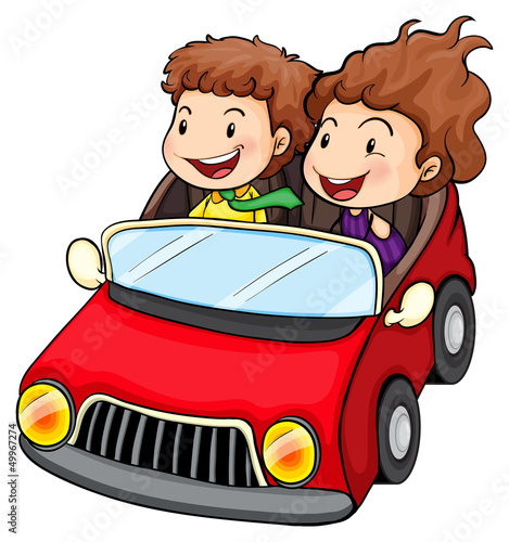 A girl and a boy riding in the red car
