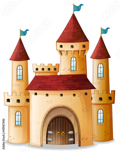 A castle with three blue flags