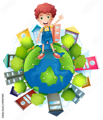 A boy above the planet earth