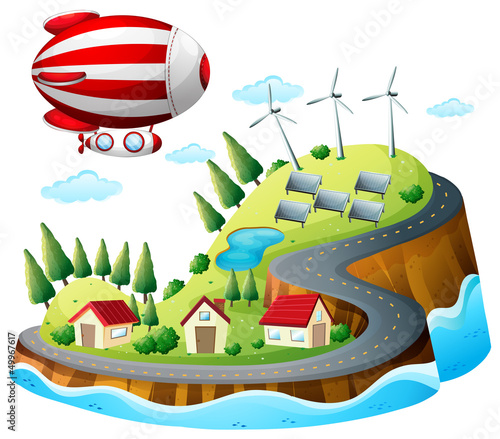 A village with an airship above