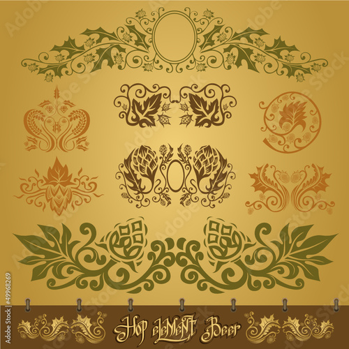beer silhouette element or label with hop and grain pattern