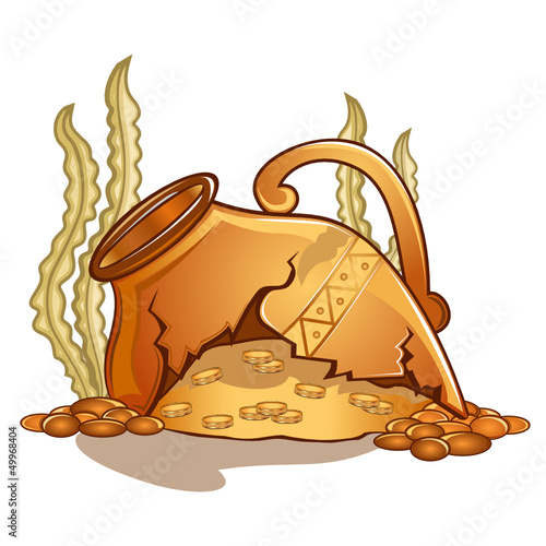 broken amphora with treasure on sea bottom