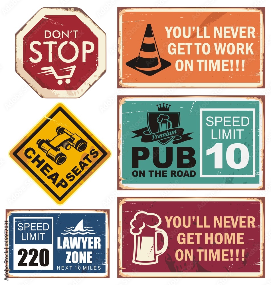 Vector illustration of road signs with unique creative messages.