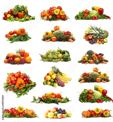 A collage of fresh and tasty fruits and vegetables on white