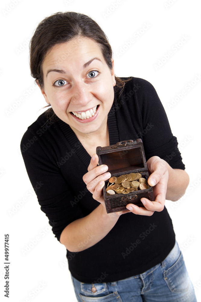 smiling girl holding old antique treasure chest with gold coins smiling girl holding old antique treasure chest with gold coins