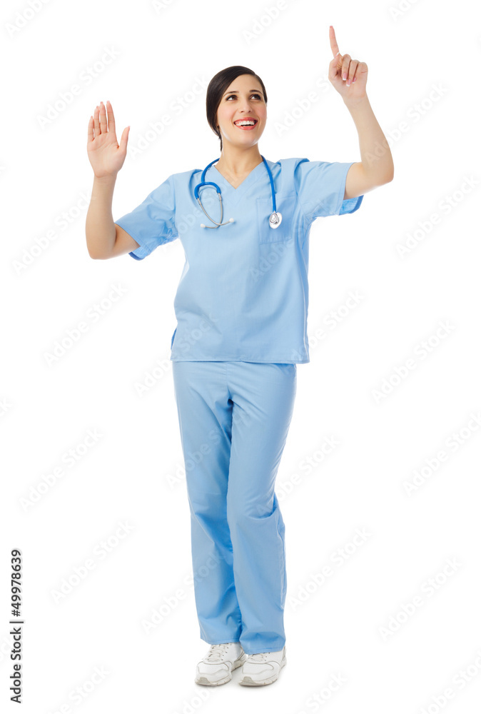 Smiling doctor with the raised hands Smiling doctor with the raised hands