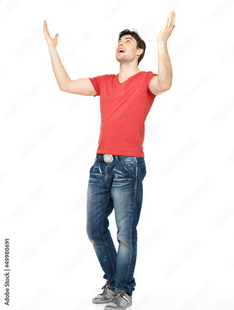 man with in casuals with raised hands up isolated man with in casuals with raised hands up isolated