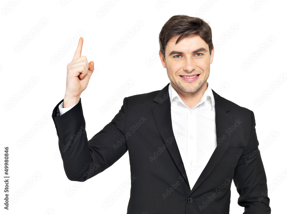 portrait of businessman points his finger up portrait of businessman points his finger up
