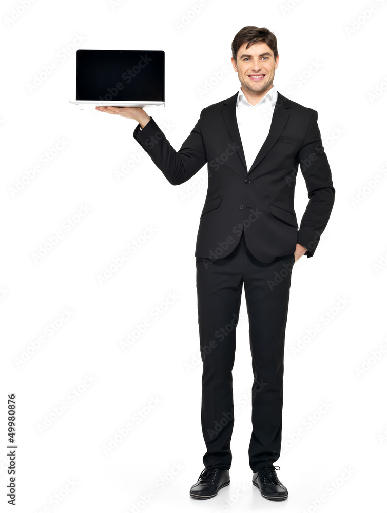 businessman holds on palm the opened laptop businessman holds on palm the opened laptop