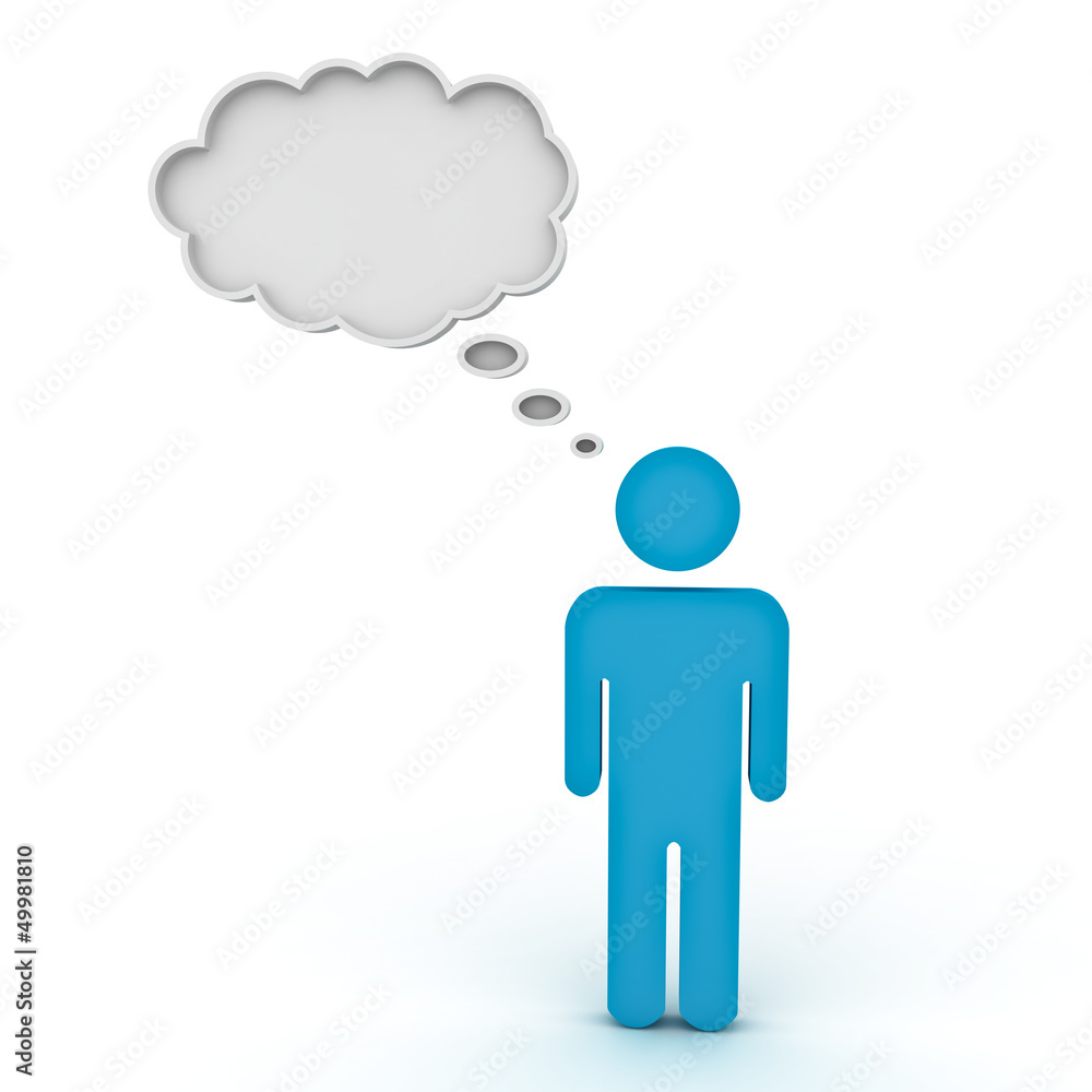 3d man symbol thinking with thought bubble above his head 3d man symbol thinking with thought bubble above his head