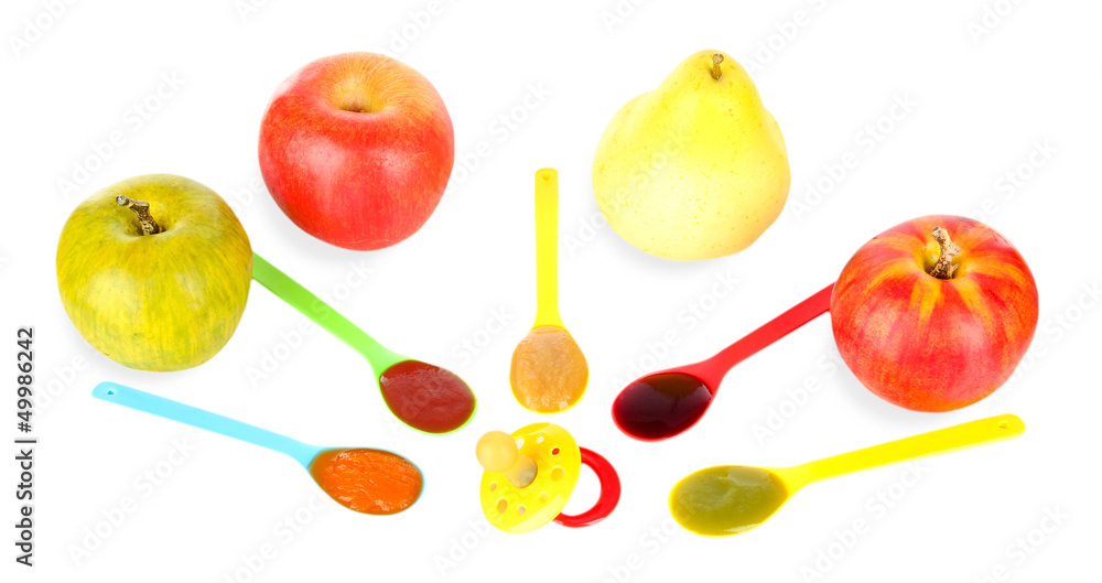 Fototapeta Baby puree in spoons with nipple and fruits isolated on white