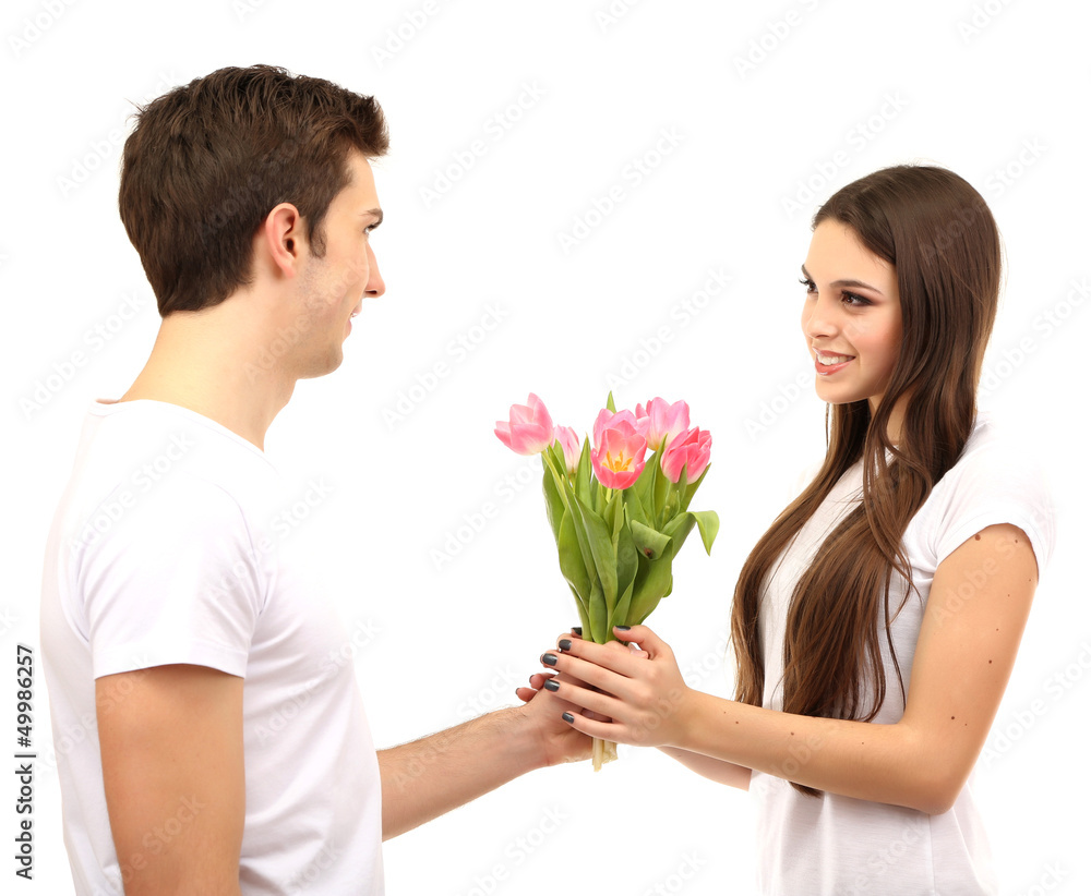 Loving couple with tulips isolated on white Loving couple with tulips isolated on white