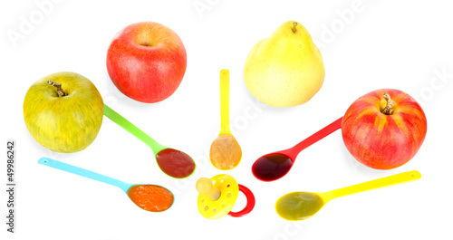 Fototapeta Naklejka Na Ścianę i Meble -  Baby puree in spoons with nipple and fruits isolated on white