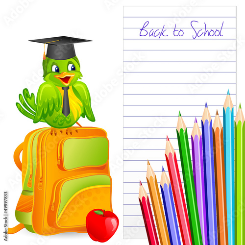 vector illustration of bird wearing mortar board with school bag