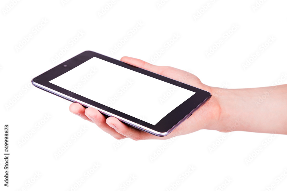 Male hand holding a tablet PC with space for you text Male hand holding a tablet PC with space for you text