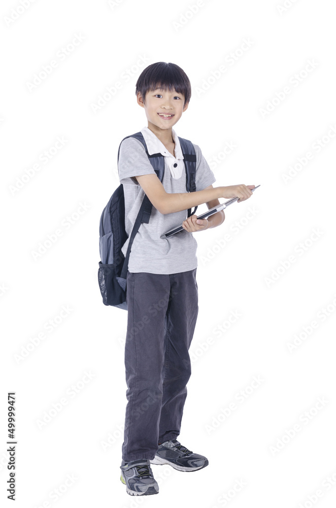 Smart boy back backpack and notebook over white background Smart boy back backpack and notebook over white background
